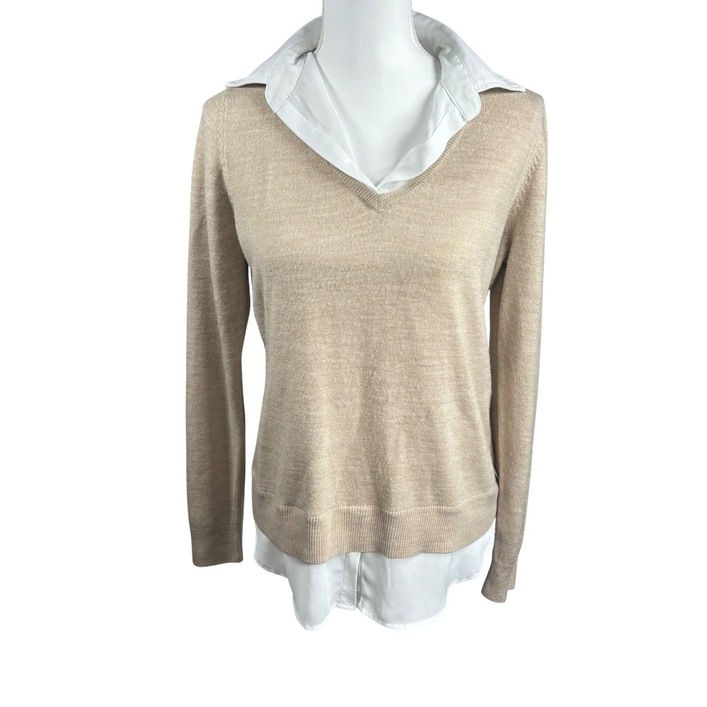 Croft & Barrow Layered Top Sweater White Collar Shirt Tan Office Career Business
